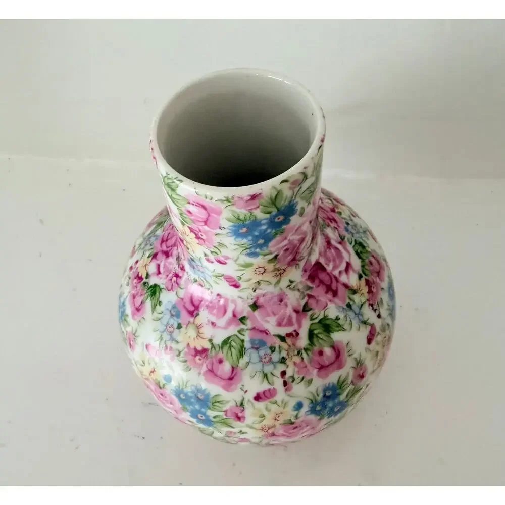 Irice Chintz Bud Vase Tumble Up IW Rice Co Japan Cabbage Rose Bedside Carafe